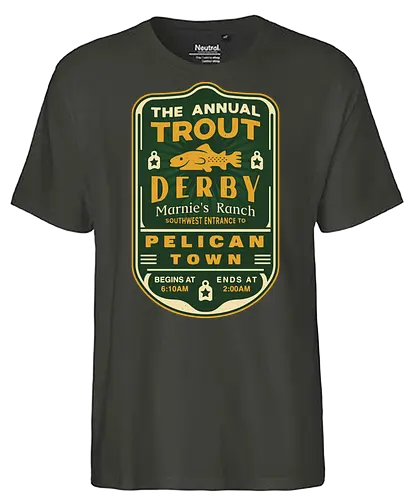 Trout Derby Pelican Town - Farming, Spirit, Spirits, rpg, game, gaming, gamer, video games, farming game, farming simulator, pelican town, farmer, stardrop, krobus, fishing festival - Fairtrade T-Shirt