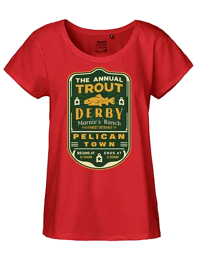 Trout Derby Pelican Town - Farming, Spirit, Spirits, rpg, game, gaming, gamer, video games, farming game, farming simulator, pelican town, farmer, stardrop, krobus, fishing festival - Fairtrade Girl Shirt