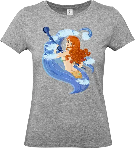 Nami - nami, cat burglar, Pirate, wave, orange hair, redhead, ginger, clima tact, girl, cute, anime, wavy hair, water, pale, long hair, blue, orange, bikini top, tattoo, purplestarphoenix - Standard T-Shirt (Frauen)