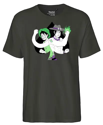 Aro Ace & Luffy - luffy, monkeydluffy, ace, portgasdace, aceace, aceflag, aroflag, aroace, aroacepride, acepride, aropride, digitalart, purplebeads, strawhat, greenfire, purplegreen, purplestarphoenix, Pirate, Piratefanart, Pirateluffy, Pirateace, Pirate, Piratefanart, Pirateluffy, Pirateace - Fairtrade T-Shirt