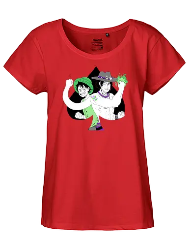 Aro Ace & Luffy - luffy, monkeydluffy, ace, portgasdace, aceace, aceflag, aroflag, aroace, aroacepride, acepride, aropride, digitalart, purplebeads, strawhat, greenfire, purplegreen, purplestarphoenix, Pirate, Piratefanart, Pirateluffy, Pirateace, Pirate, Piratefanart, Pirateluffy, Pirateace - Fairtrade Girl Shirt