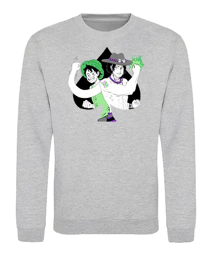 Aro Ace & Luffy - luffy, monkeydluffy, ace, portgasdace, aceace, aceflag, aroflag, aroace, aroacepride, acepride, aropride, digitalart, purplebeads, strawhat, greenfire, purplegreen, purplestarphoenix, Pirate, Piratefanart, Pirateluffy, Pirateace, Pirate, Piratefanart, Pirateluffy, Pirateace - Sweatshirt