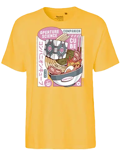 Science Cube Ramen - portal, companion cube, portal 2, portal revolution, aperture laboratories, aperture science, half life, ramen, noodles, the cake is a lie, love, glados, ramen, gaming, video games, gamer, chell,  - Fairtrade T-Shirt
