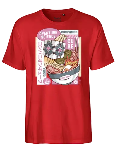Science Cube Ramen - portal, companion cube, portal 2, portal revolution, aperture laboratories, aperture science, half life, ramen, noodles, the cake is a lie, love, glados, ramen, gaming, video games, gamer, chell,  - Fairtrade T-Shirt