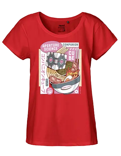 Science Cube Ramen - portal, companion cube, portal 2, portal revolution, aperture laboratories, aperture science, half life, ramen, noodles, the cake is a lie, love, glados, ramen, gaming, video games, gamer, chell,  - Fairtrade Girl Shirt