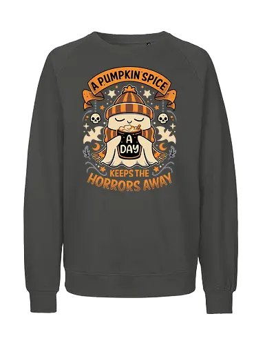 Daily Pumpkin Spice - pumpkin spice, ghost, bats, halloween, skull, coffee, cut, horror, gothic, autumn, fall, cozy - Fairtrade Sweatshirt