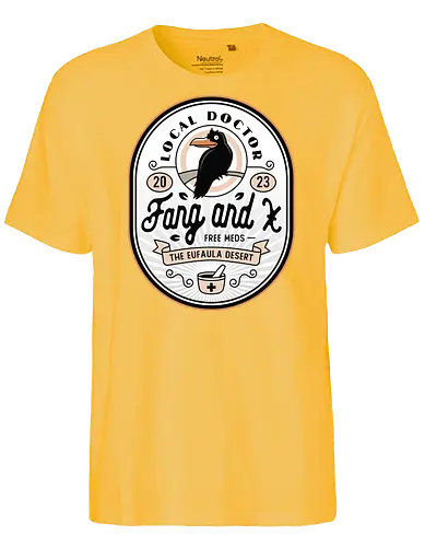 Fang and X Clinic Crest - my time, at sandrock, my time at portia, indie game, gaming, gamer, video games, fang, farming simulator, rpg, adventure, harvest, sand, wild yakmel, pen, hazardous ruins - Fairtrade T-Shirt