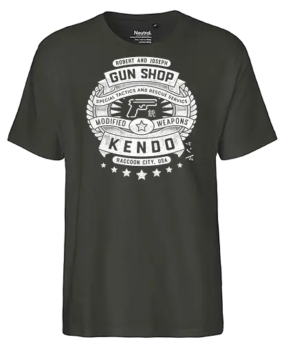 Kendo Gun Shop Grunge - resident, evil, jill valentine, leon s kennedy, biohazard, umbrella corporation, raccoon city, albert wesker, chris redfield, tricell africa, stars, sheva alomar, video game, gaming, gamer - Fairtrade T-Shirt