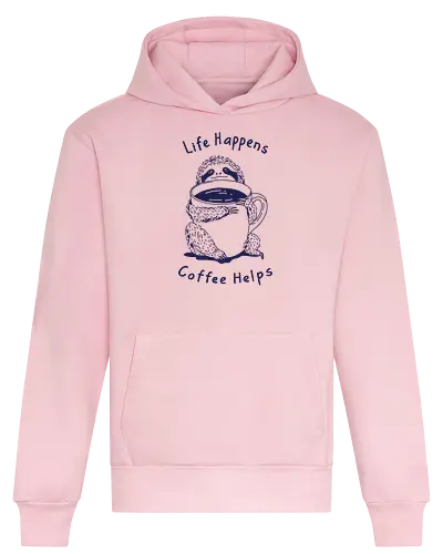 Life Happens Coffee Helps  - sloth life, sloth, coffee, life happens, coffee helps, minimalist, linocut - Heavyweight Hoodie