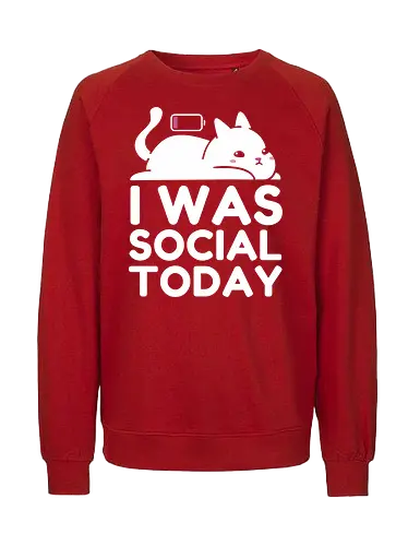 I Was Social Today - social, cat, funny, antisocial, humor, animal, battery, not today, nope. - Fairtrade Sweatshirt