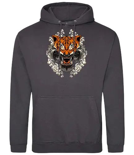 Angry Tiger Tora Tattoo - aesthetic, aggressive, angry, animal, anime, beast, big cat, gift, japan, japanese, japanese art, style, tattoo, kawaii, majestic, monster, mythology, power, samurai, scary, spiritual, tiger, tiger face, tiger warrior, tigers, tora, traditional, warrior, wild cat, Illustronii - Standard Hoodie