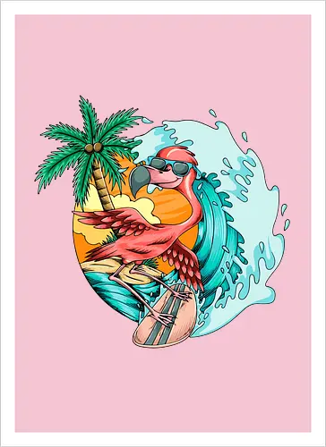 Pink Flamingo Summer Surfing On The Beach