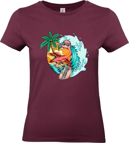 Pink Flamingo Summer Surfing On The Beach - cute, exotic, summer, tattoo, flamingos, kawaii, nature, pink, pink flamingo, plants, positive, vibes, tropical, unique, wildlife, gift, illustronii, adorable, positive vibes, surf, surfing, american, flamingo, animal, beach, beautiful, bird - Standard T-Shirt (Frauen)