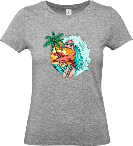 Pink Flamingo Summer Surfing On The Beach - cute, exotic, summer, tattoo, flamingos, kawaii, nature, pink, pink flamingo, plants, positive, vibes, tropical, unique, wildlife, gift, illustronii, adorable, positive vibes, surf, surfing, american, flamingo, animal, beach, beautiful, bird - Standard T-Shirt (Frauen)