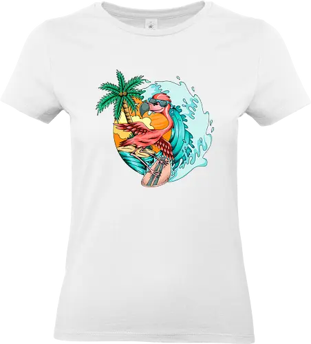Pink Flamingo Summer Surfing On The Beach - cute, exotic, summer, tattoo, flamingos, kawaii, nature, pink, pink flamingo, plants, positive, vibes, tropical, unique, wildlife, gift, illustronii, adorable, positive vibes, surf, surfing, american, flamingo, animal, beach, beautiful, bird - Standard T-Shirt (Frauen)