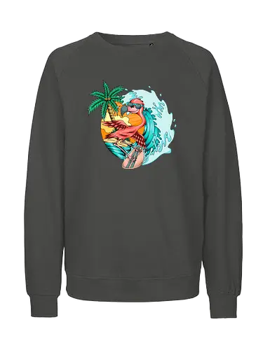Pink Flamingo Summer Surfing On The Beach - cute, exotic, summer, tattoo, flamingos, kawaii, nature, pink, pink flamingo, plants, positive, vibes, tropical, unique, wildlife, gift, illustronii, adorable, positive vibes, surf, surfing, american, flamingo, animal, beach, beautiful, bird - Fairtrade Sweatshirt