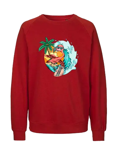 Pink Flamingo Summer Surfing On The Beach - cute, exotic, summer, tattoo, flamingos, kawaii, nature, pink, pink flamingo, plants, positive, vibes, tropical, unique, wildlife, gift, illustronii, adorable, positive vibes, surf, surfing, american, flamingo, animal, beach, beautiful, bird - Fairtrade Sweatshirt