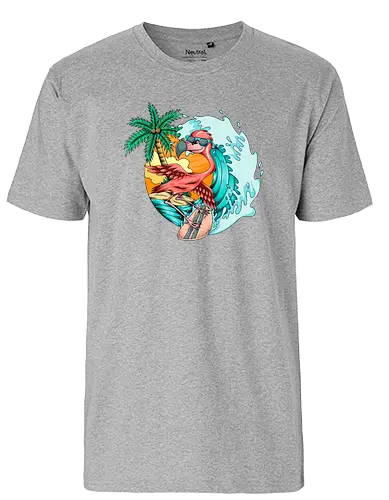 Pink Flamingo Summer Surfing On The Beach - cute, exotic, summer, tattoo, flamingos, kawaii, nature, pink, pink flamingo, plants, positive, vibes, tropical, unique, wildlife, gift, illustronii, adorable, positive vibes, surf, surfing, american, flamingo, animal, beach, beautiful, bird - Fairtrade T-Shirt