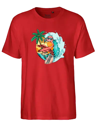 Pink Flamingo Summer Surfing On The Beach - cute, exotic, summer, tattoo, flamingos, kawaii, nature, pink, pink flamingo, plants, positive, vibes, tropical, unique, wildlife, gift, illustronii, adorable, positive vibes, surf, surfing, american, flamingo, animal, beach, beautiful, bird - Fairtrade T-Shirt