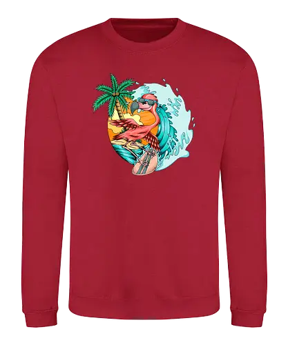 Pink Flamingo Summer Surfing On The Beach - cute, exotic, summer, tattoo, flamingos, kawaii, nature, pink, pink flamingo, plants, positive, vibes, tropical, unique, wildlife, gift, illustronii, adorable, positive vibes, surf, surfing, american, flamingo, animal, beach, beautiful, bird - Sweatshirt