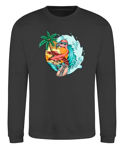 Pink Flamingo Summer Surfing On The Beach - cute, exotic, summer, tattoo, flamingos, kawaii, nature, pink, pink flamingo, plants, positive, vibes, tropical, unique, wildlife, gift, illustronii, adorable, positive vibes, surf, surfing, american, flamingo, animal, beach, beautiful, bird - Sweatshirt