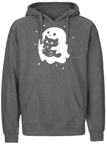 Spooky Cat Snatcher - ghost, black cat, halloween, cute, spooky season, funny, kawaii, black and white, horror, paranormal, happy, spirit - Fairtrade Hoodie