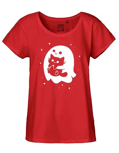 Spooky Cat Snatcher - ghost, black cat, halloween, cute, spooky season, funny, kawaii, black and white, horror, paranormal, happy, spirit - Fairtrade Girl Shirt