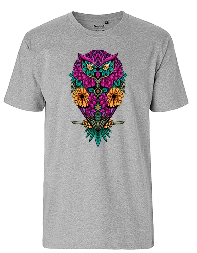flying flowers - flower, owl, bird, colorful, illustration, rainbow, beautiful - Fairtrade T-Shirt