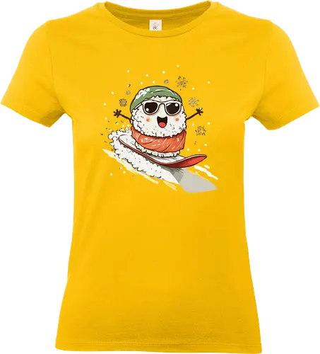 sushi snowboard - sushi, snowboard, snowflakes, green hat, sunglasses, surfing, seaweed, snow, cheerful - Standard T-Shirt (Frauen)
