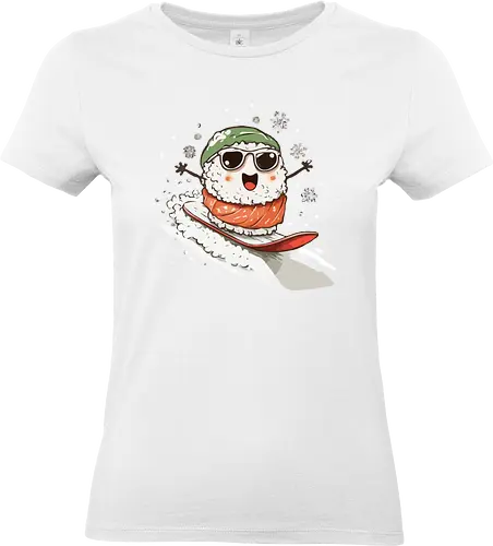 sushi snowboard - sushi, snowboard, snowflakes, green hat, sunglasses, surfing, seaweed, snow, cheerful - Standard T-Shirt (Frauen)