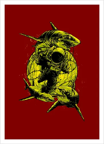Astronaut Outer Space Deep Sea Diver Sharks Attack