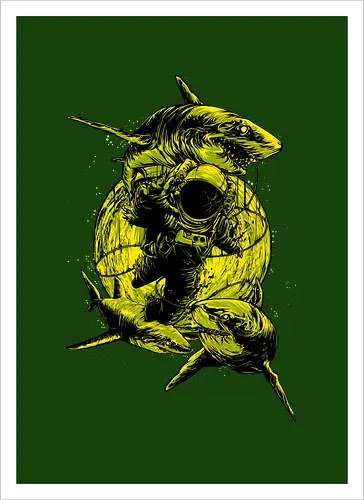 Astronaut Outer Space Deep Sea Diver Sharks Attack