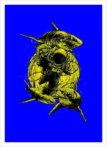 Astronaut Outer Space Deep Sea Diver Sharks Attack