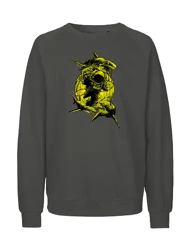 Astronaut Outer Space Deep Sea Diver Sharks Attack - shark, cool, cosmic, cosmonaut, cosmos, sea diver, explorer, fantasy, fish, galaxy, gravity, interstellar, moon, outer space, planet, planets, road trip, sci fi, science, science fiction, sky, solar system, space helmets, space travel, spaceflight, spaceman, stars, trippy, universe, illustronii, astral, astronaut, astronauts, astronomy, sharks - Fairtrade Sweatshirt