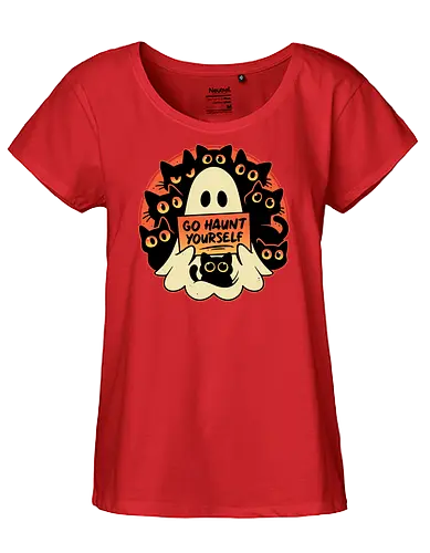Rude Cursing Ghost - ghost, black cats, halloween, horror, funny, cute, kittens, humour, spooky, scary, dark art, fall season, rude, curse - Fairtrade Girl Shirt