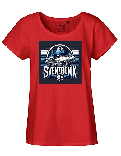 Sventronik Car - muscle car, futuristic design, retro automotive, sleek lines, hood scoop, energy waves, modern font, atomic elements, car tuning, advanced technology, high performance, stylish car graphic, automotive art, custom car, car culture. - Fairtrade Girl Shirt