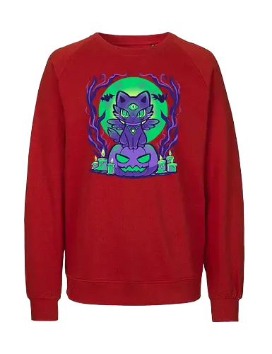 Moonlit Cat - Katze, gruselig, lila, Kürbis, magische Katze, Hexe, Mondlicht, Mond, Herbst, Flügel, Gothic, Katzendame, Geist Katze, cat, spooky, Halloween, purple, pumpkin, magic cat, witch, moonlight, moon, fall, autumn, wings, gothic, cat lady, spirit cat - Fairtrade Sweatshirt