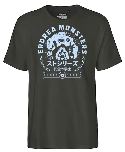 Erdrea Monsters Emblem - Quest, slime, king slime, monsters, golem, game, gaming, gamer, video games, rpg, jrpg, kawaii - Fairtrade T-Shirt