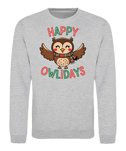  Happy Owlidays - holiday, owl, festive, scarf, cheerful, wings, happy, red, green - Sweatshirt
