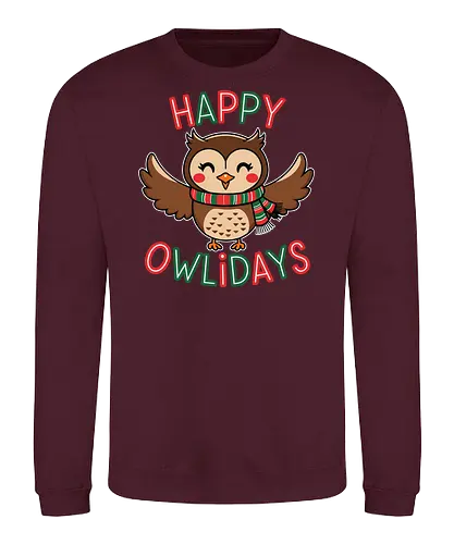  Happy Owlidays - holiday, owl, festive, scarf, cheerful, wings, happy, red, green - Sweatshirt