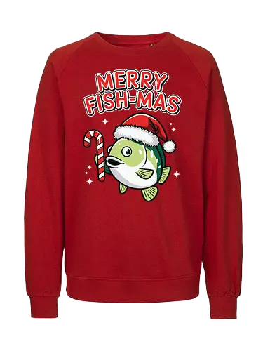 Merry Fish-mas - christmas, fish, santa hat, candy cane, holiday, festive, greeting, funny, humorous, celebration - Fairtrade Sweatshirt