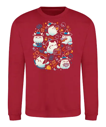 Whiskers and Witchcraft - white cat, cute kawaii, witch, witchcraft, magic, sorcerery, spooky halloween, skull, books, potion bottle, kitten, kitty - Sweatshirt