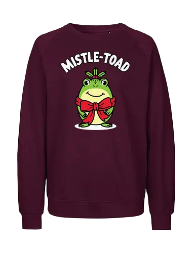Mistle-Toad - toad, mistletoe, holiday, festive, humor, cartoon, red bow, cheerful, green, cute - Fairtrade Sweatshirt