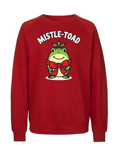 Mistle-Toad - toad, mistletoe, holiday, festive, humor, cartoon, red bow, cheerful, green, cute - Fairtrade Sweatshirt