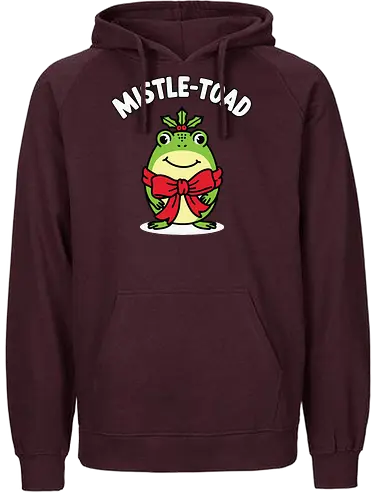 Mistle-Toad - toad, mistletoe, holiday, festive, humor, cartoon, red bow, cheerful, green, cute - Fairtrade Hoodie