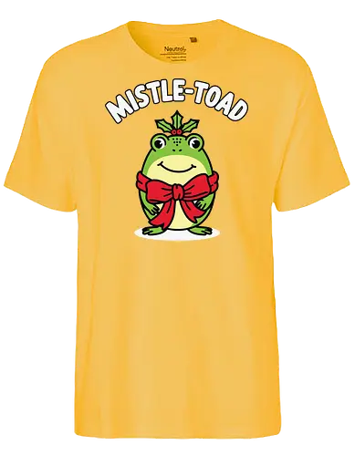 Mistle-Toad - toad, mistletoe, holiday, festive, humor, cartoon, red bow, cheerful, green, cute - Fairtrade T-Shirt