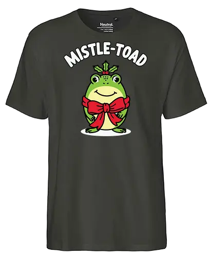 Mistle-Toad - toad, mistletoe, holiday, festive, humor, cartoon, red bow, cheerful, green, cute - Fairtrade T-Shirt