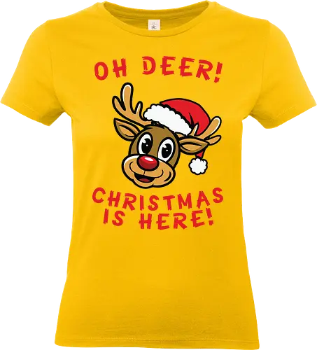 Oh Deer! Christmas is here! - reindeer, santa hat, christmas, burgundy, festive, cartoon, holiday, cheerful, playful - Standard T-Shirt (Frauen)