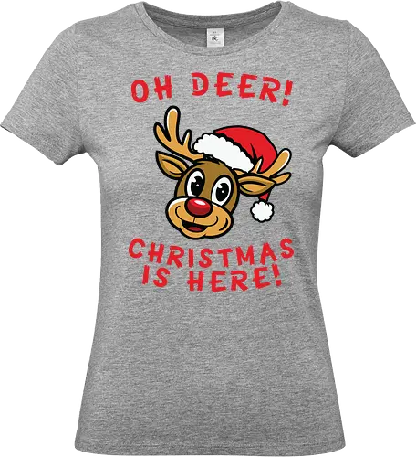 Oh Deer! Christmas is here! - reindeer, santa hat, christmas, burgundy, festive, cartoon, holiday, cheerful, playful - Standard T-Shirt (Frauen)