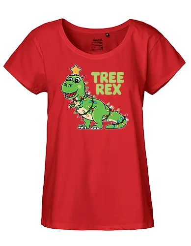 Tree Rex - dinosaur, christmas lights, festive, humor, holiday, star, green, decoration, playful, pun - Fairtrade Girl Shirt